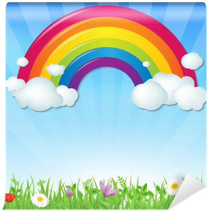Color Rainbow With Clouds Grass And Flowers Wall Mural - Color Rainbow With Clouds (400x400)