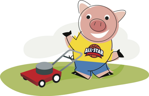 Piggy Mowing The Lawn - Bank (500x323)