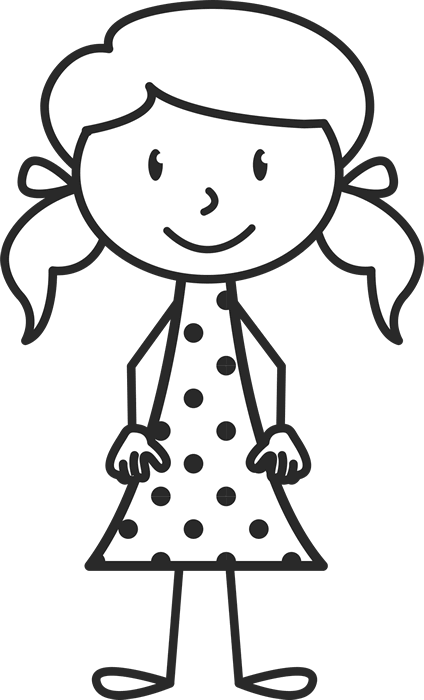 Little Girl With Pigtails And Polka Dot Dress Stamp - Stick Figure With Dress (424x700)