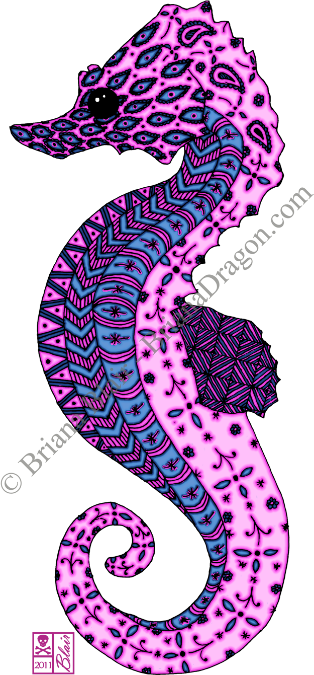 Lilac And Blue Zentangle Seahorse - Flieder Und Blaues Verwicklungs-seepferd Grußkarte (800x1444)