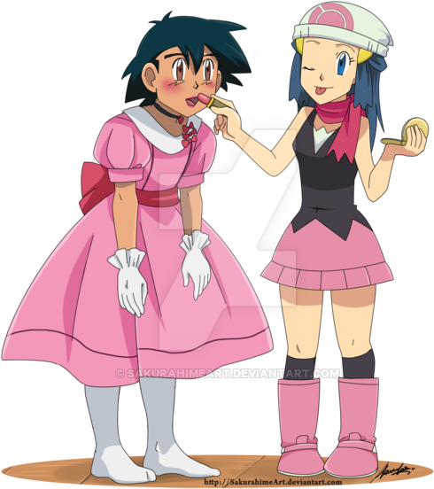 Ash And Dawn Commission By Sakurahimeart - Pokemon Ash In A Dress (600x582)