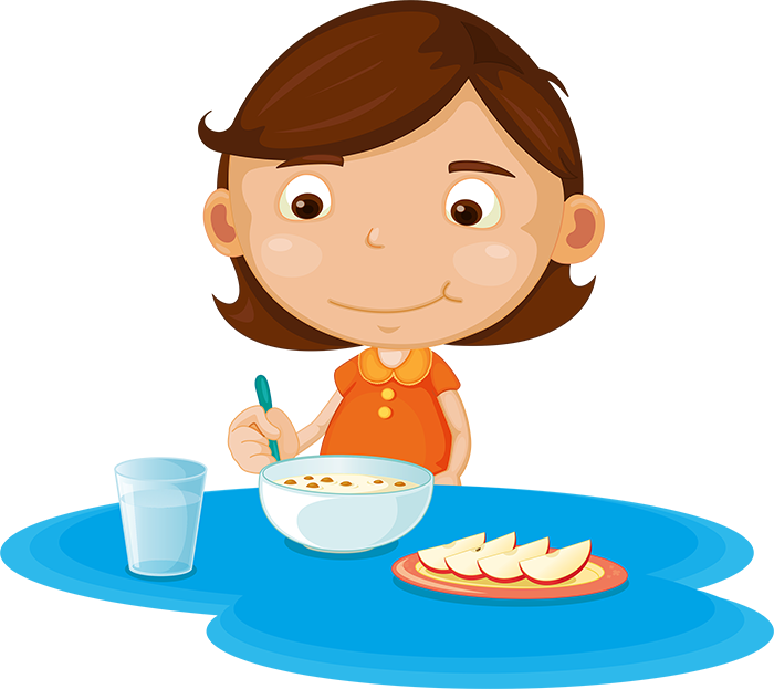 Girl Eating Cereal And Fruit - Cartoon Girl Eating Breakfast (778x693)