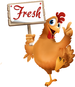 Every Chicken Plus Meal Is Freshly Cooked To Order - Cartoon Chicken Holding A Sign (380x379)