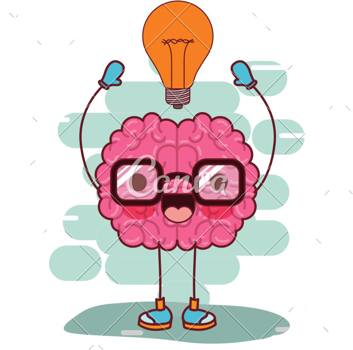 Brain Cartoon With Glasses And Light Bulb On Top In - Blue (800x800)