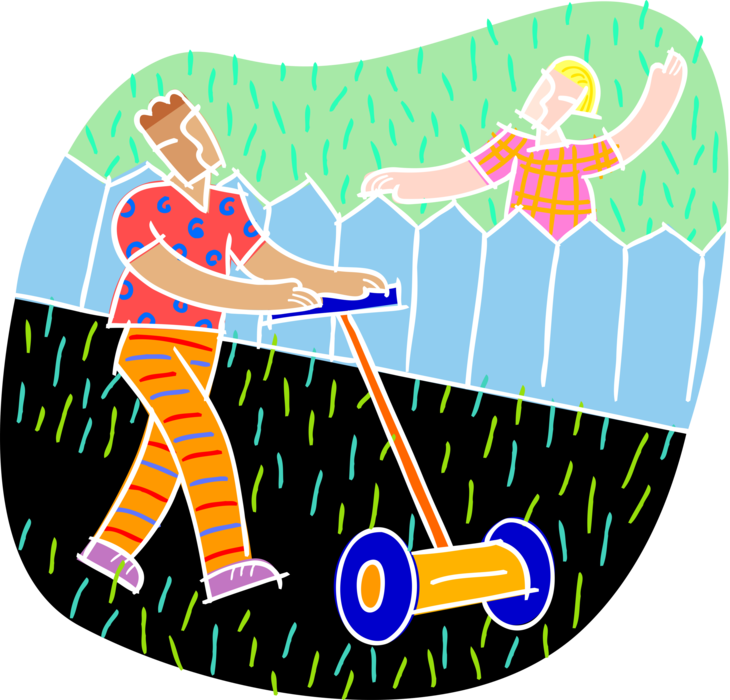 Vector Illustration Of Neighbor Waves While Man Cuts - Vector Illustration Of Neighbor Waves While Man Cuts (730x700)