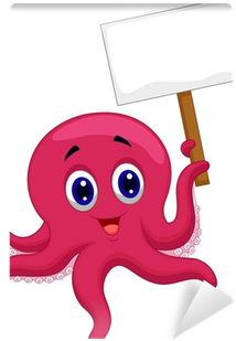 Octopus Cartoon Holding Blank Sign Wall Mural • Pixers® - Drawing (400x400)