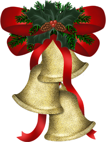 Christmas Gold Bells With Holly And Red Bow Clip Art - Happy Holidays Gif (364x487)