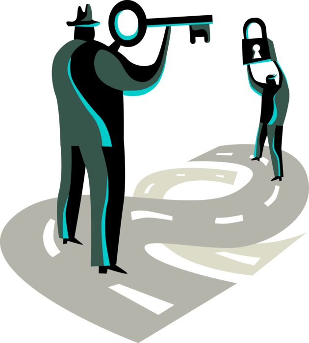 Vector Illustration Of Businessman Holds Key To Unlock - Illustration (630x700)