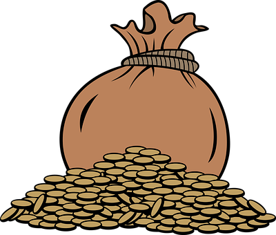 Bag, String, Gold, Coins, Treasure - Gold Coins Clipart (400x340)