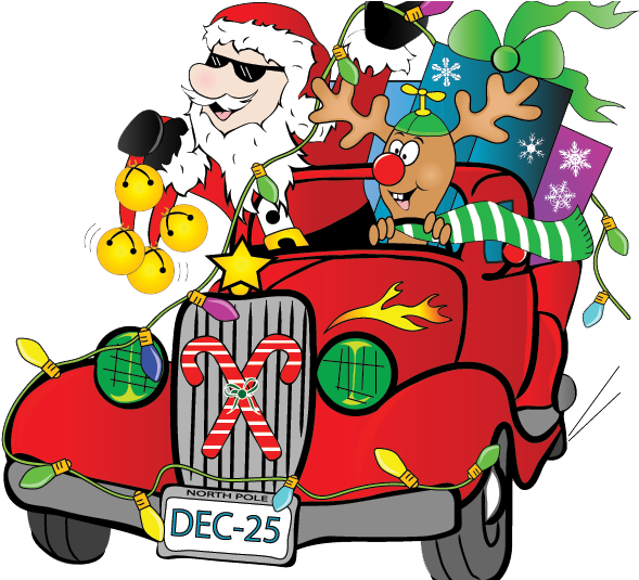 Santa Claus Has Prepped His Sleigh And The Reindeer - Hot Rod Santa (595x534)