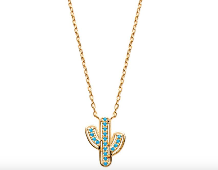 Collier Avec Pendentif Cactus En Plaqué Or Et Turquoise - Pendant (800x800)