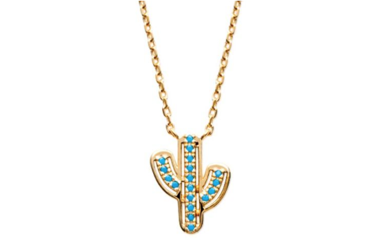 Collier Avec Pendentif Cactus En Plaqué Or Et Turquoise - Pendant (800x800)