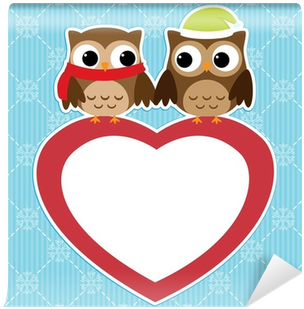 Winter Card With Couples Of Owls On Red Heart Wall - Owls (400x400)