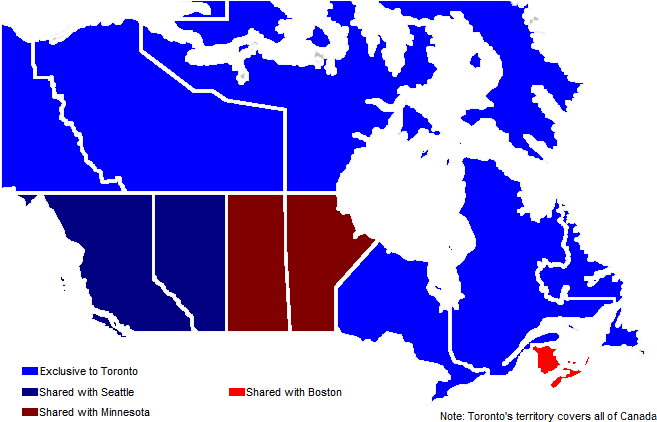 Canadian Mlb Blackout Map - Toronto Blue Jays Logo History (707x432)