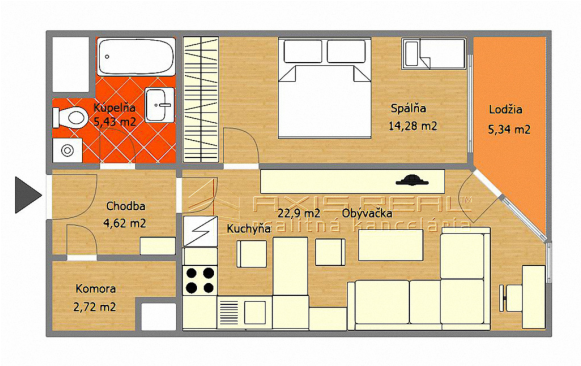 One Bedroom Apartment, Jégého, Sale, Bratislava - Floor Plan (600x385)