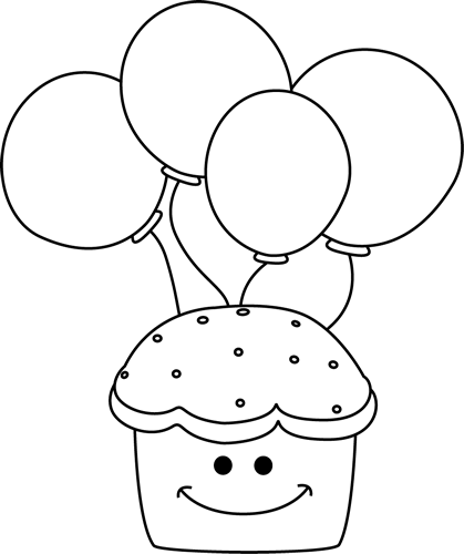 Black And White Cupcake And Balloons Clip Art - White (419x500)