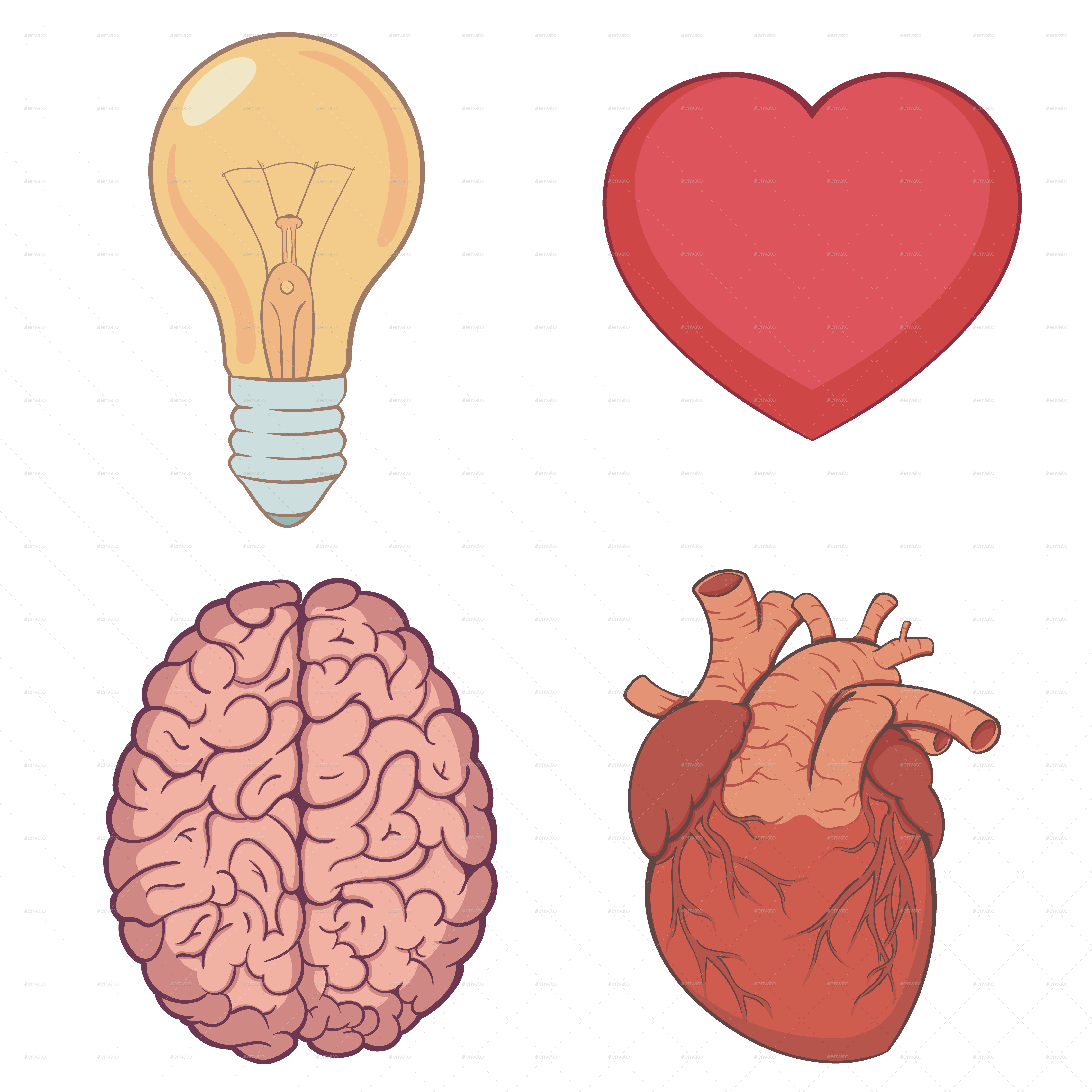 Heart Brain Bulb Cartoon Set - Heart And Brain Png (4500x4500)