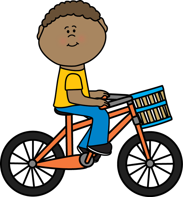 Boy Riding A Bicycle With A Basket - Ride Bike Clip Art (600x645)