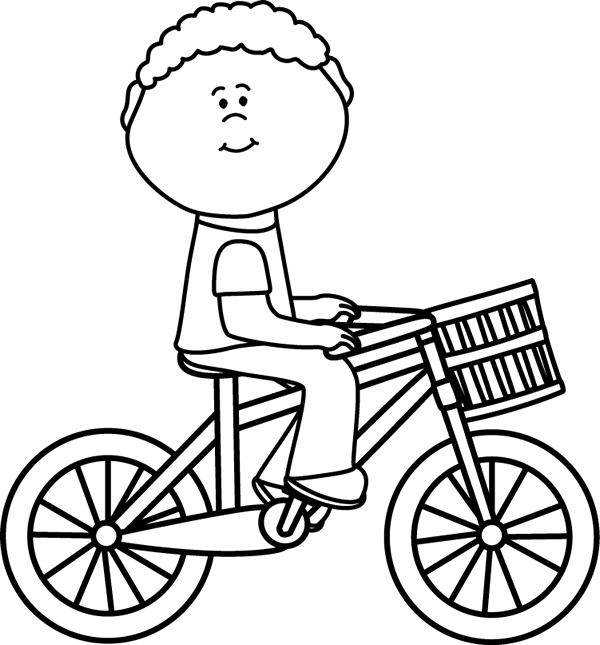 Black & White Boy Riding A Bicycle With A Basket - Bike Clipart Black And White (600x645)