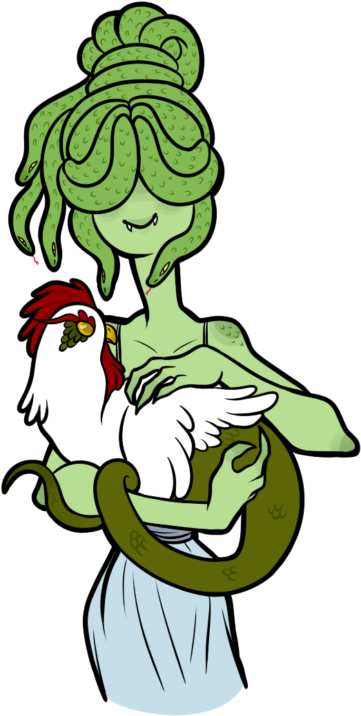 Medusa And Her Pet Cockatrice - Cartoon (565x1049)