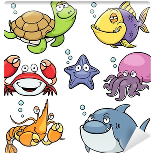 Vector Illustration Of Sea Animals Collection Wall - Deniz Hayvanları Vektörel Çizim (400x400)