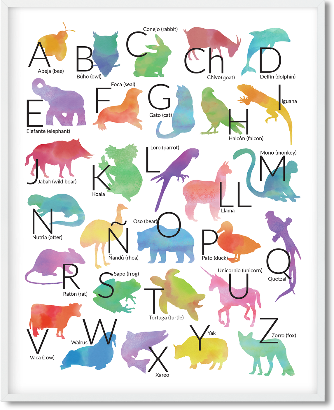 Alphabet Letters Poster Water Color Animals In Spanish - Alphabet (1294x1519)