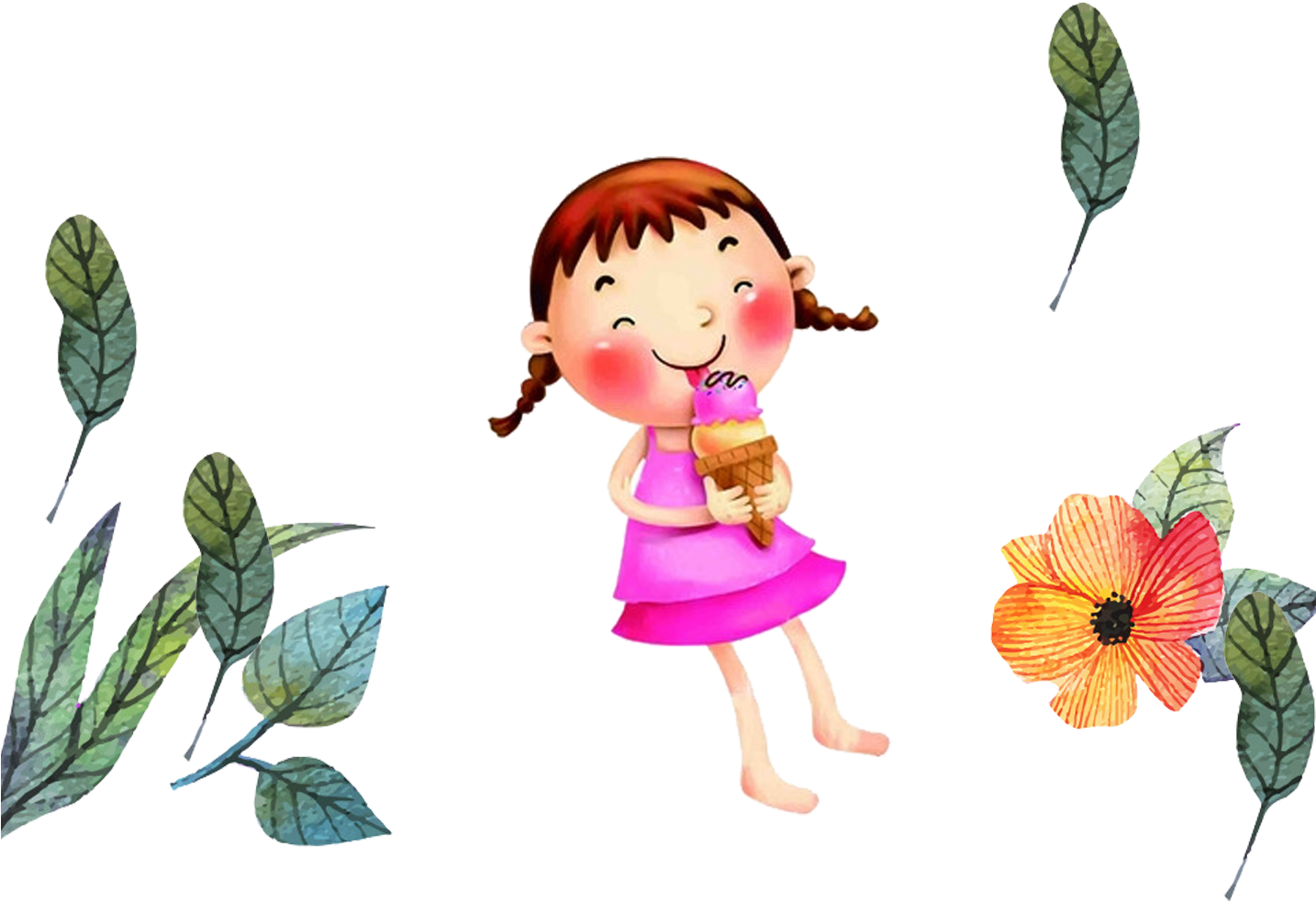 Flowers And Leaves Little Girl Eating Ice Cream - Flowers And Leaves Little Girl Eating Ice Cream (1433x1200)