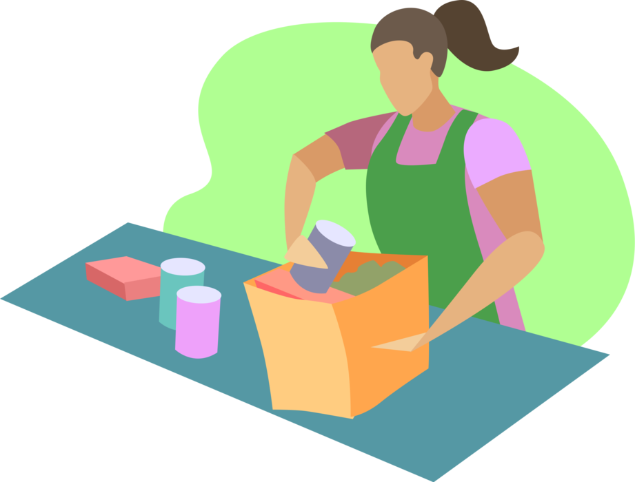 Vector Illustration Of Grocery Store Clerk Packs Groceries - Bricklayer (921x700)