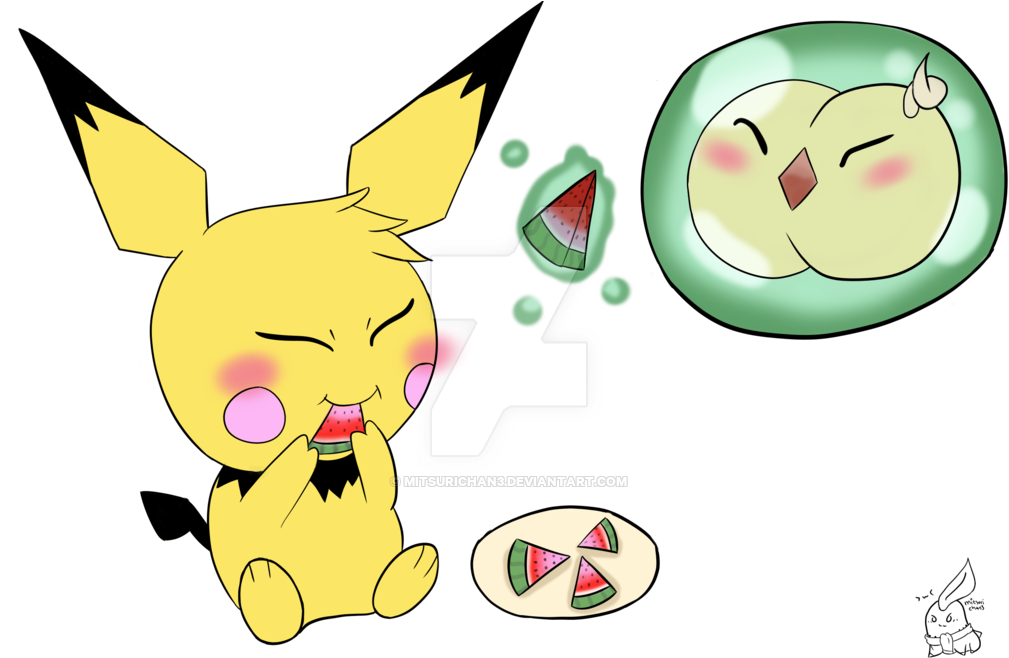 [chibi Commission] Pichu Solosis Watermelon By Mitsurichan3 - Cartoon (1024x661)