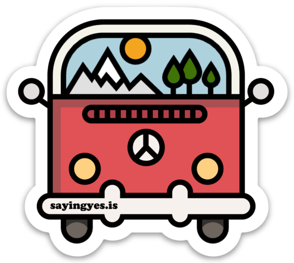Mountains Vw Bus Sticker - Mountains Vw Bus Sticker (596x533)