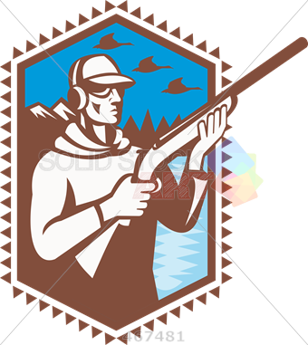 Stock Illustration Of Old Fashioned Cartoon Drawing - Hunter With Shotgun Rifle Duck Shooting Ret Magnet (340x381)