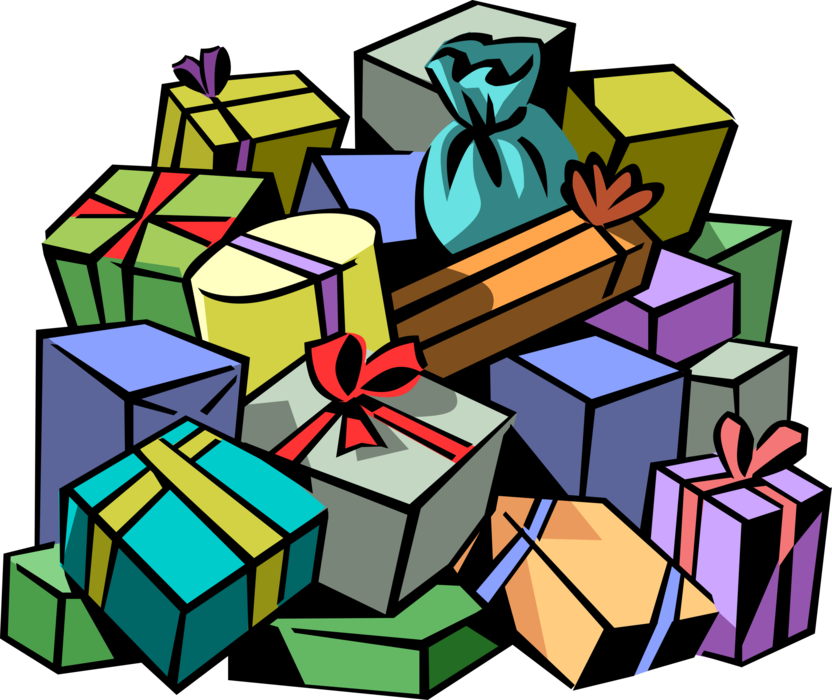 Vector Illustration Of Large Pile Of Christmas Gift - Pile Of Presents (832x700)
