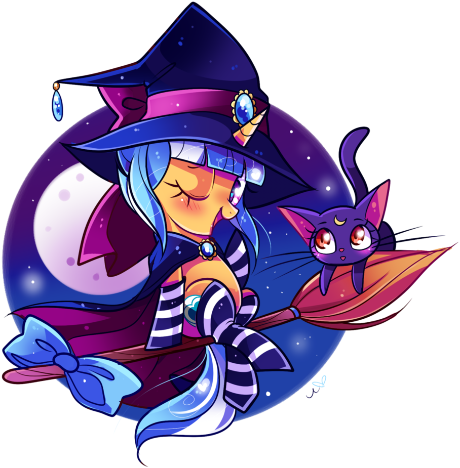 Ipun, Blushing, Bow, Broom, Cape, Cat, Clothes, Flying, - Cartoon (1024x1024)