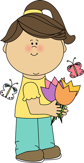 Girl With Spring Tulips Clip Art - Classroom Commands Flashcards Pdf (284x550)
