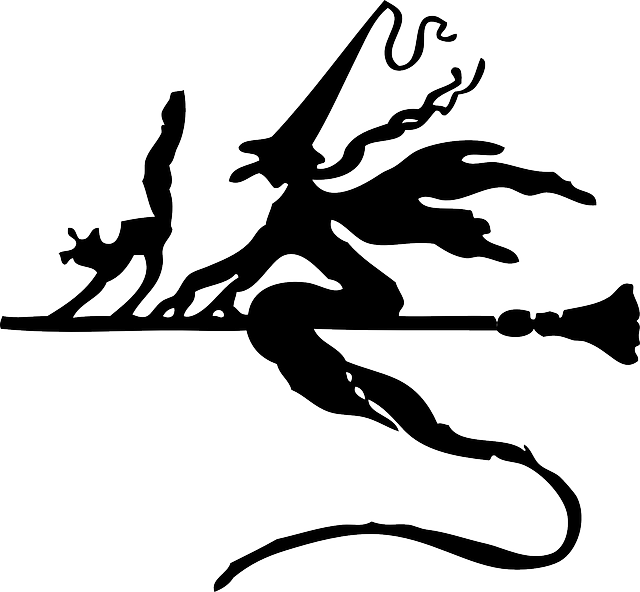 Silhouette Broom, Witch, Flying, Cat, Halloween, Silhouette - Witch On A Broomstick (640x592)