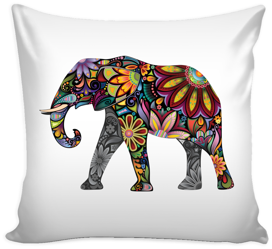 Colorful Elephant Art Pillow Case - Flowers On Elephant Trunk (1024x1024)