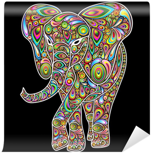 Elephant Psychedelic Pop Art Design On Black Wall Mural - Elephant Psychedelic Colors Apparel Retro Vintage Hipster (400x400)