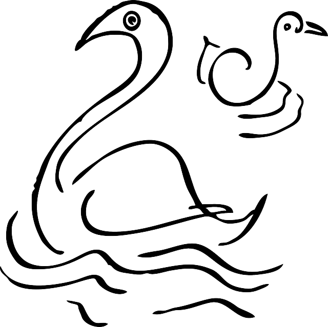 Bird, Swan, Waves, Doodle, Wave, Cartoon, Fly - Swan Clip Art (640x639)