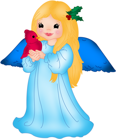 Blue Little Angel With Bird Png Clipart - Art (503x600)