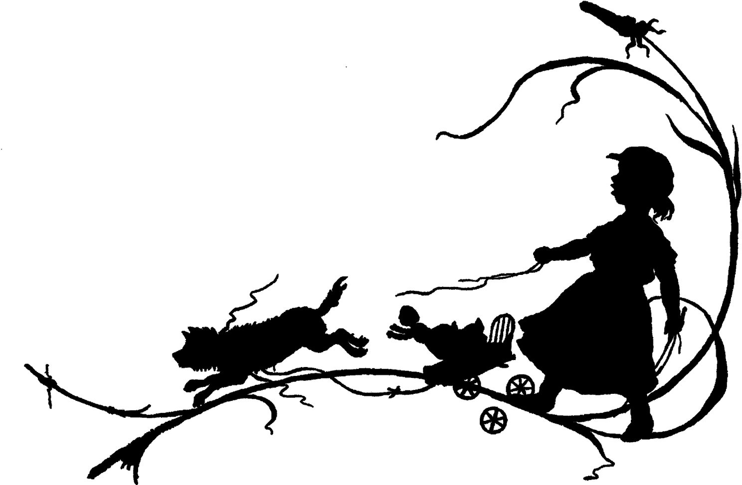 Silhouette Vintage Girl Toy Dog - Digital Stamp (1600x1091)