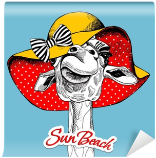 Giraffe Portrait In A Bright Summer Hat With Bow On - Tableau Toile - Girafe Cool 6 (400x400)