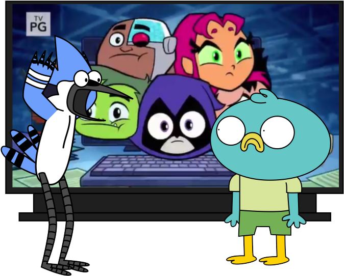 Harvey And Mordecai Watching Teen Titans Go By Wildstar27 - Art (724x960)