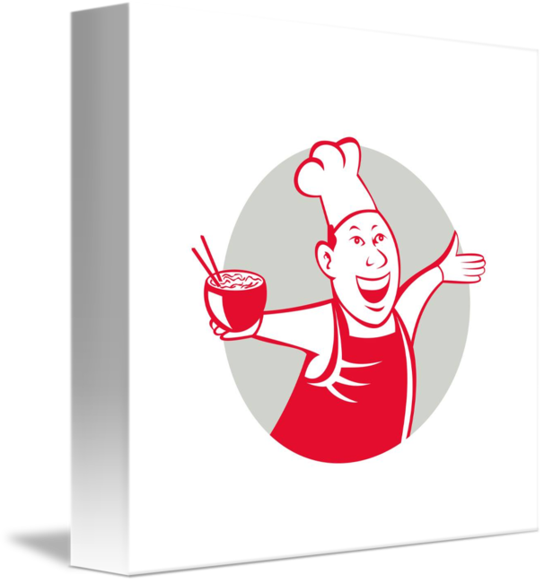 Asian Chef Serving Noodle Bowl Dancing Circle Cart - Asian Chef Cartoon (606x650)