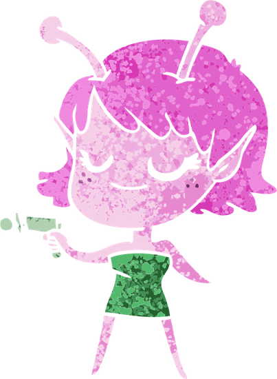 Smiling Alien Girl Cartoon Pointing Ray Gun Icon Art - Illustration (403x550)