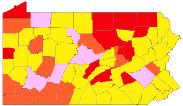 Map Of Pennsylvania Counties Coloured To Show Risk - Atlas (903x372)