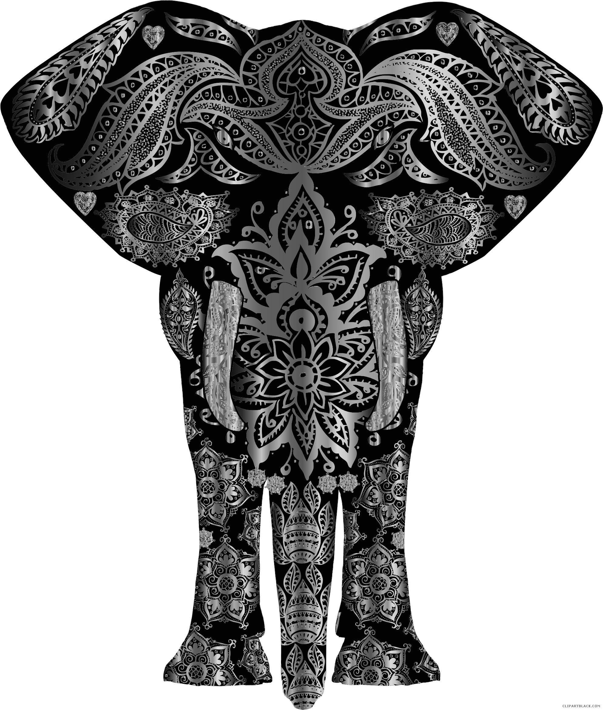 Floral Pattern Elephant Animal Free Black White Clipart - Elephant Motifs Png (1987x2339)