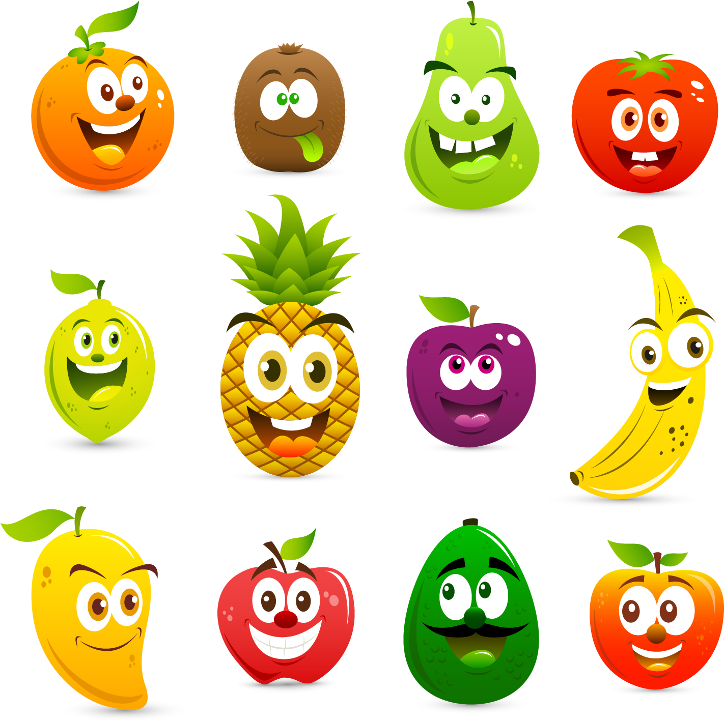 Fruit Cartoon Clip Art - Handmade Round Domed Czech Glass Cabochons Happy Fruits (2263x2063)