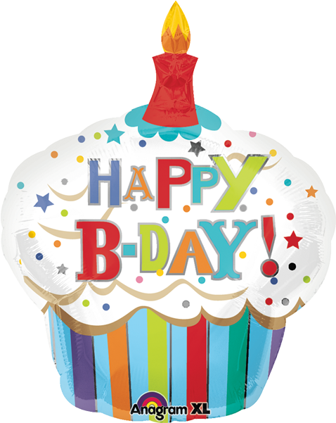 Bday Striped Cupcake 28s - Birthday Cupcake Mylar Foil Balloon (600x600)