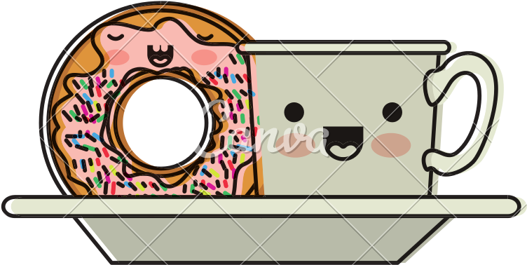 Kawaii Coffee Cup And Donut With Cream Glaze On Dish - Kawaii Coffee (800x800)