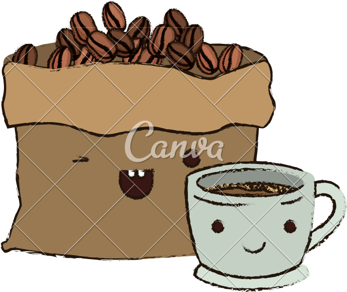Bag With Beans And Cup Of Coffee Colorful Kawaii Blurred - Coffee (800x800)
